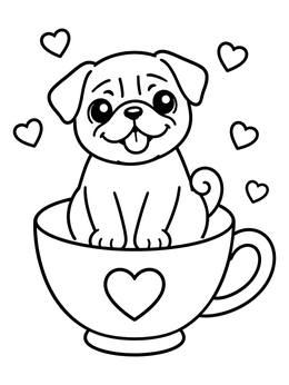Free printable Cute Pug Puppy In A Teacup coloring page