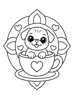 Free printable Cute Pug Puppy In A Teacup coloring page