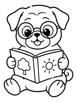 A smart pug coloring page showing a puppy in round glasses reading a book.