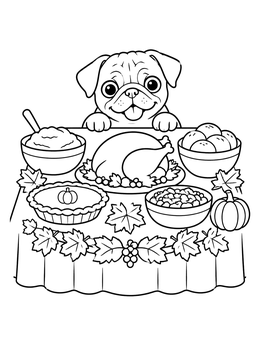 A thanksgiving dog coloring page with a cute pug peeking at a holiday feast table.