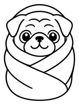 A cute pug coloring page showing a puppy wrapped up cozy in a blanket burrito.