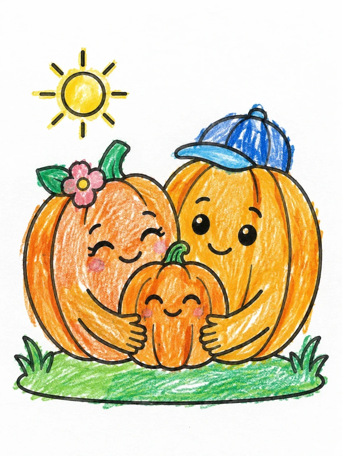 Colored example of the Cute Pumpkin Family Hug coloring page