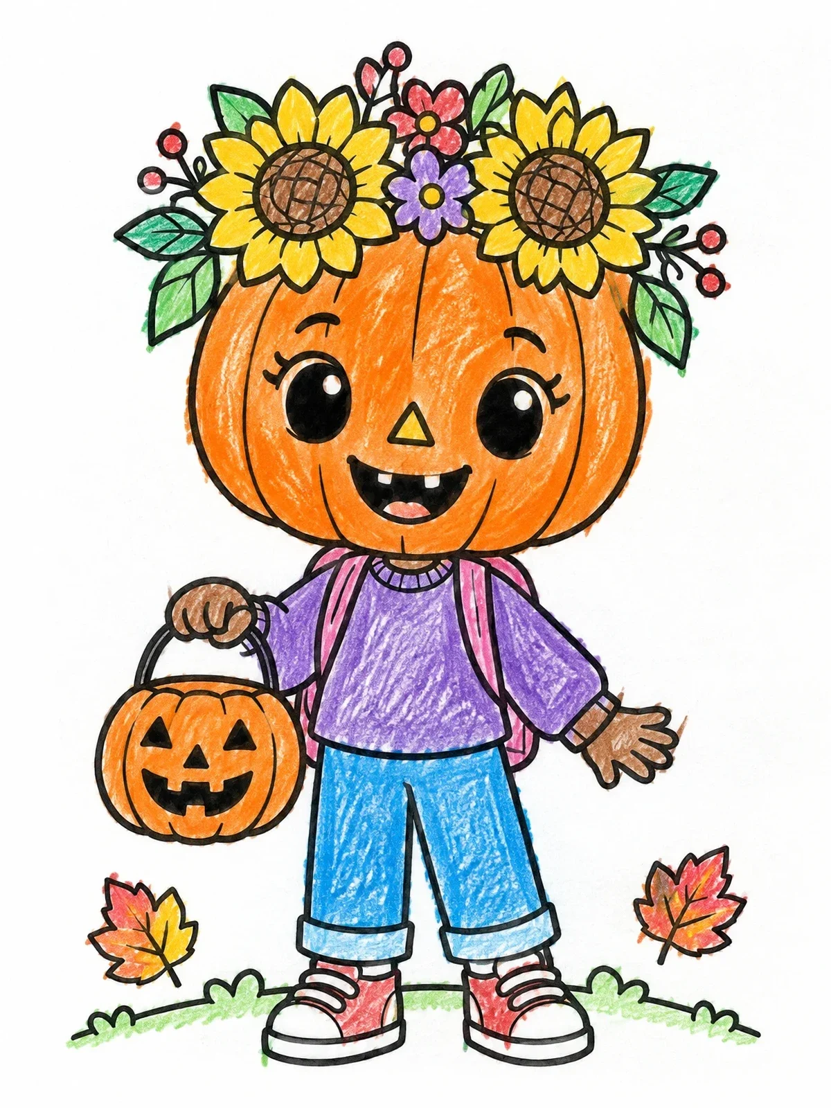 Colored example of the Cute Pumpkin Girl With Sunflower Crown coloring page