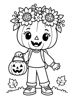 A cute jack o lantern coloring page of a smiling pumpkin girl wearing a sunflower crown.