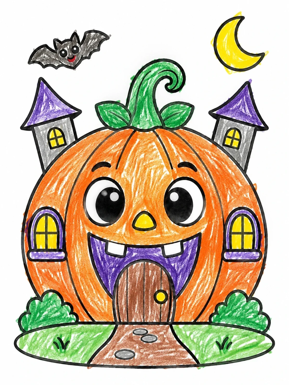 Colored example of the Cute Pumpkin House With Little Bat coloring page