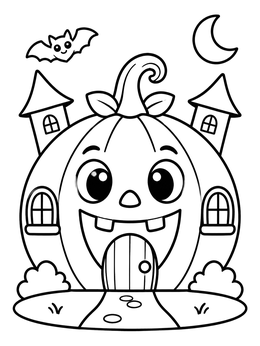 A cute pumpkin haunted house coloring page with little towers, a smiling bat, and a crescent moon.