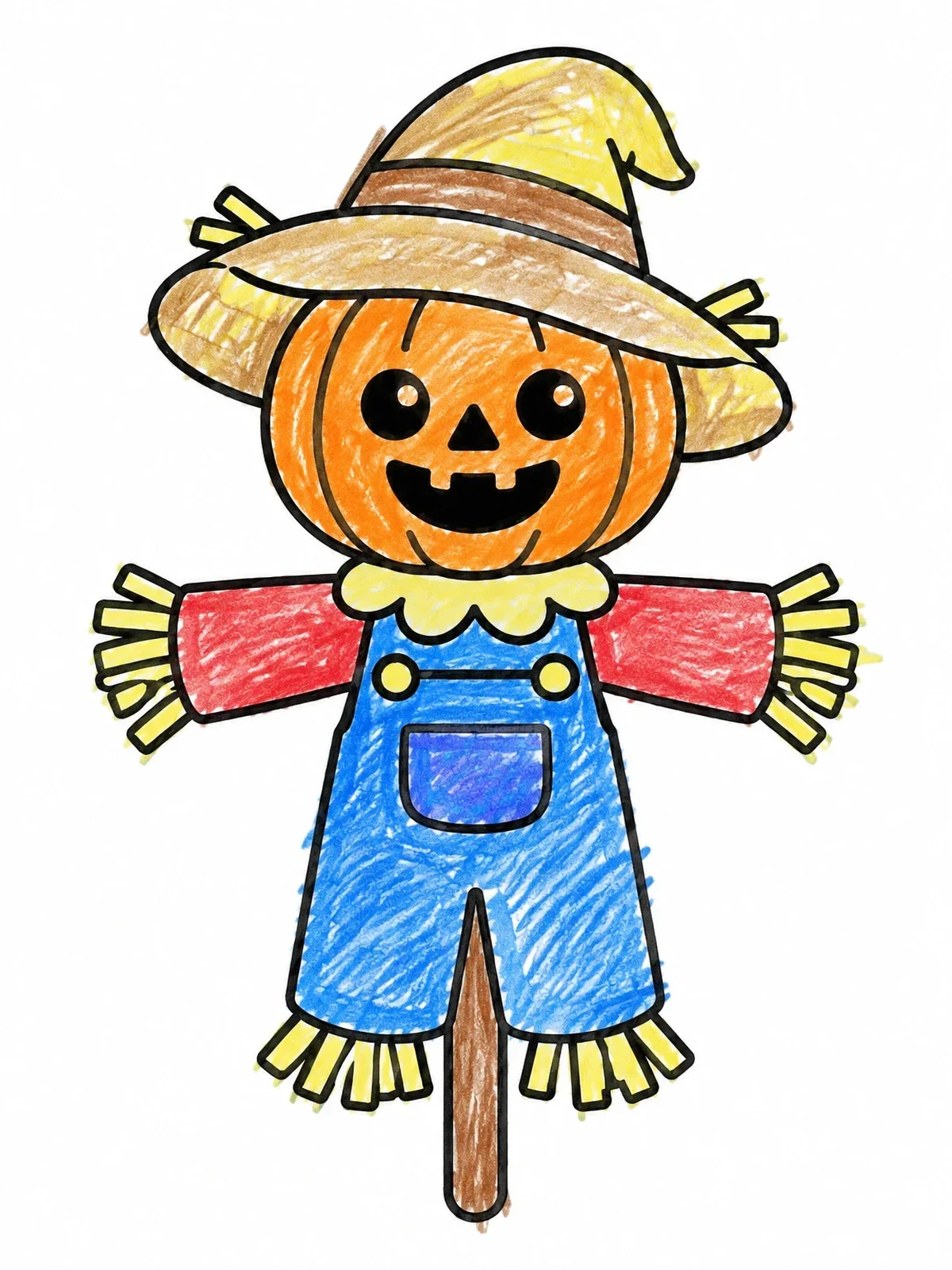 Colored example of the Cute Pumpkin Scarecrow In Overalls coloring page