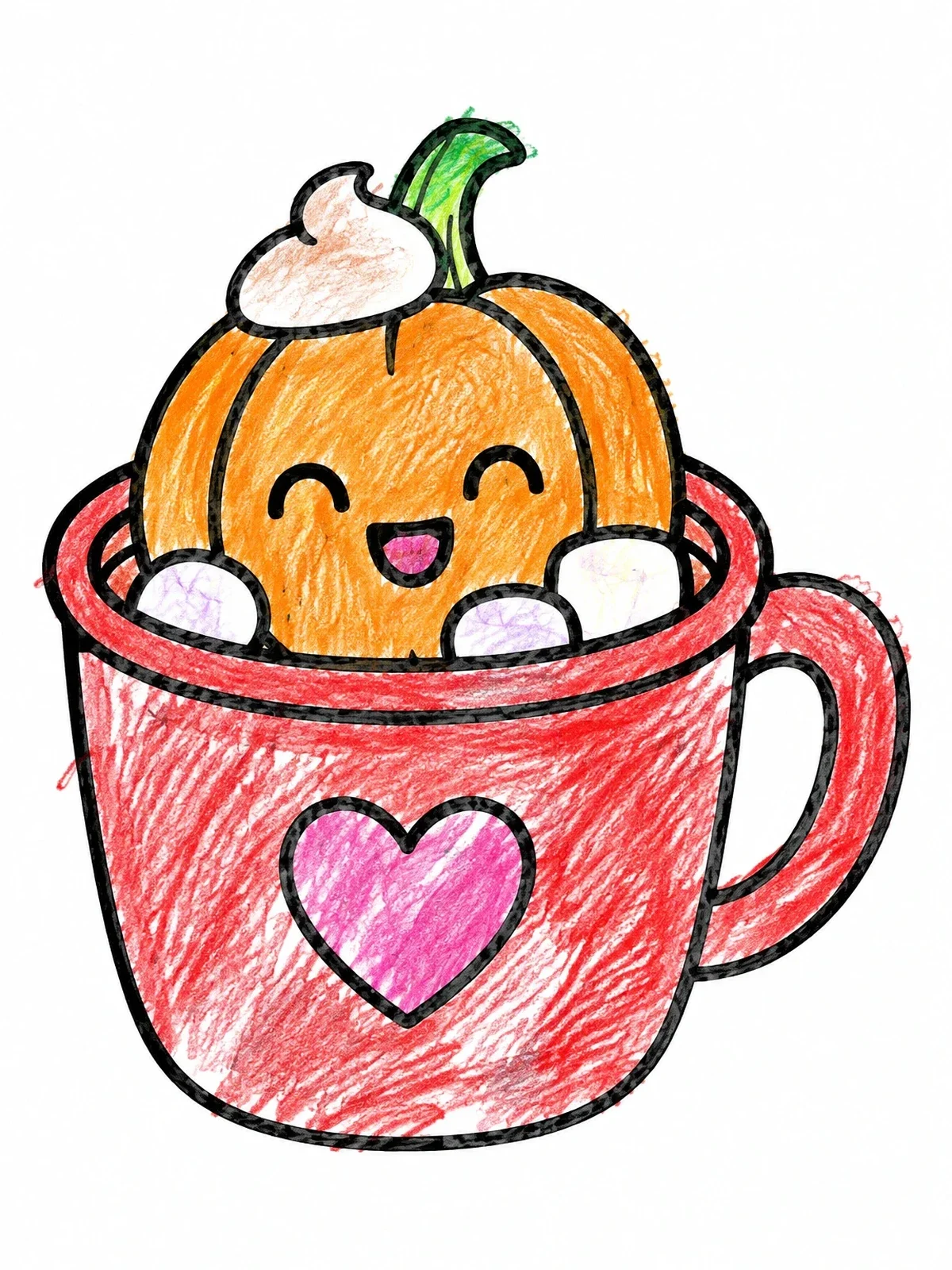 Colored example of the Cute Pumpkin In A Cozy Mug coloring page