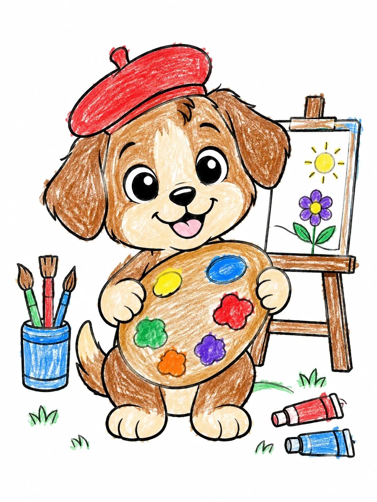 Colored example of the Cute Puppy Artist With Paint Palette coloring page