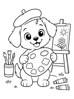 Free printable Cute Puppy Artist With Paint Palette coloring page