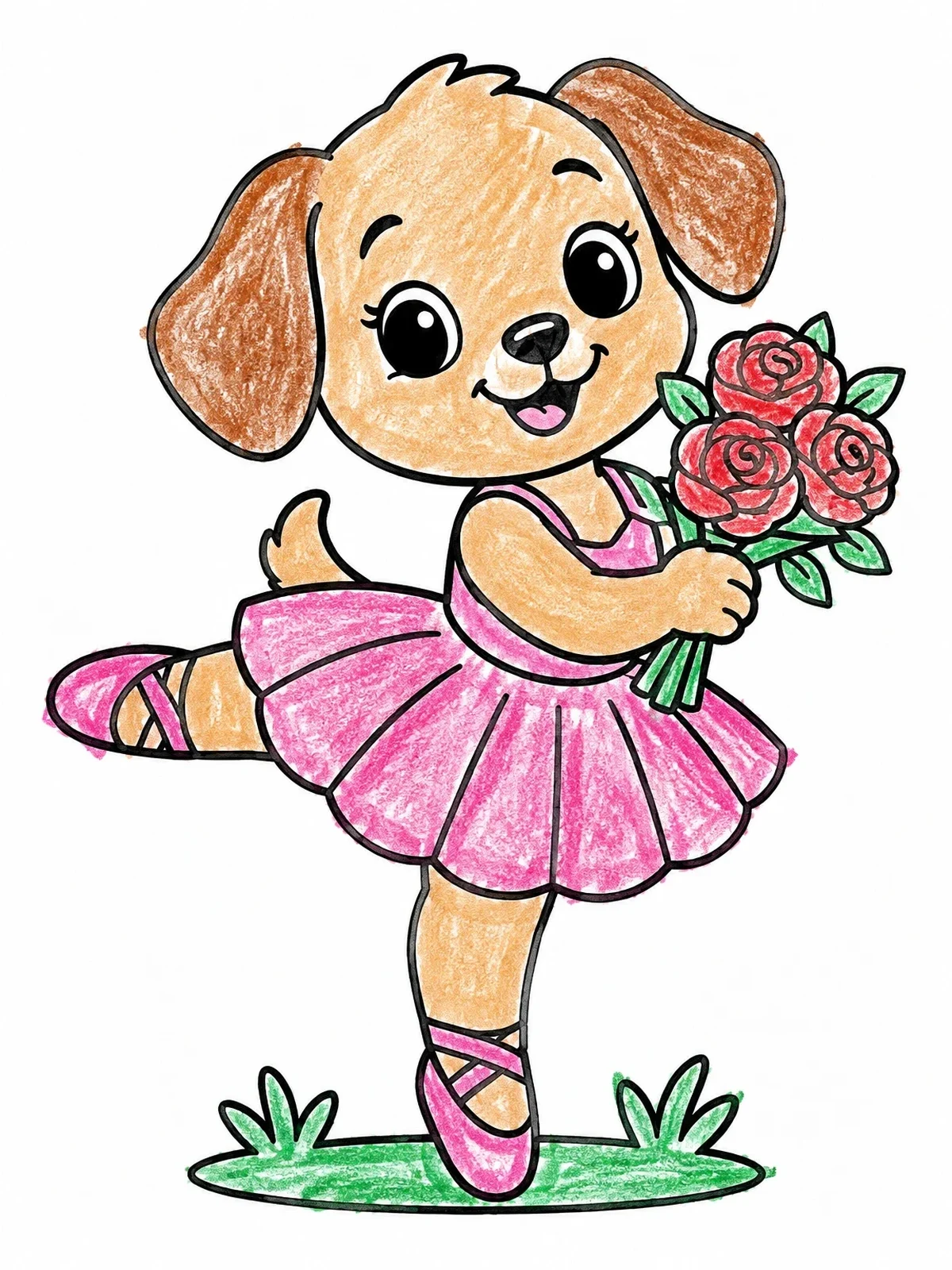 Colored example of the Cute Puppy Ballerina With Flowers coloring page