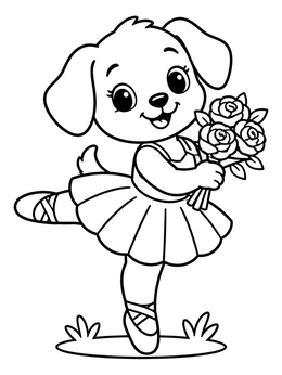 A cheerful puppy dances on this sweet ballerina coloring page while holding roses.
