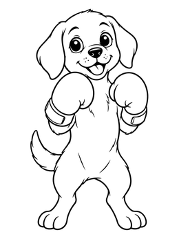 A cheerful puppy stands on hind legs wearing gloves in this boxing coloring page.