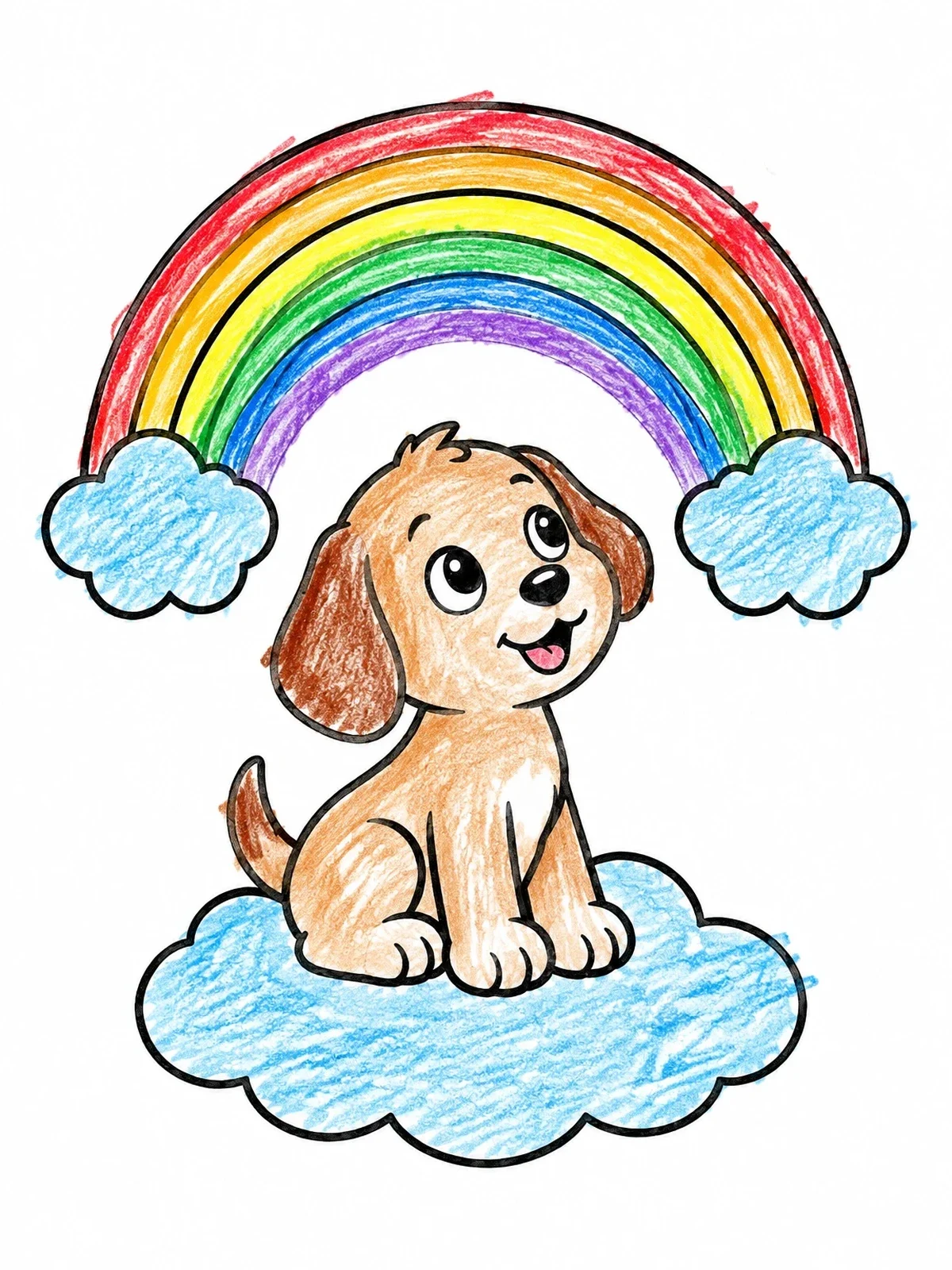 Colored example of the Cute Puppy On A Cloud Under A Rainbow coloring page