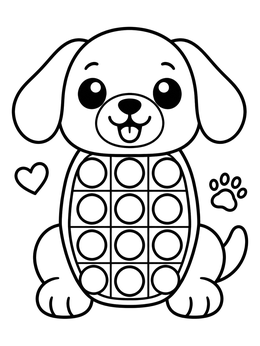 A puppy dog pop it fidget toy coloring page with circular bubbles on its belly.