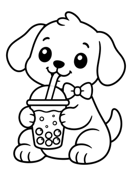 A cute puppy with a bow tie drinks bubble tea in this boba coloring page.