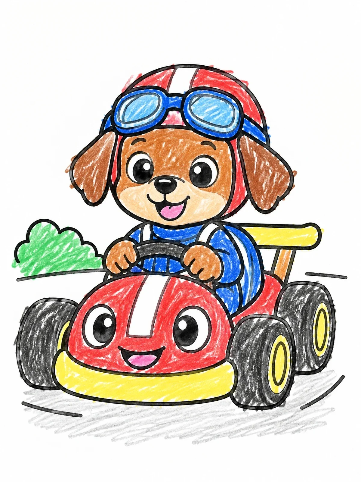 Colored example of the Cute Puppy Driving A Go Kart coloring page