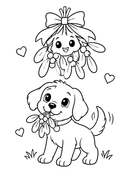 Free printable Cute Puppy With Festive Mistletoe coloring page