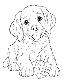 A fluffy puppy sits with a toy in this hanukkah coloring page.