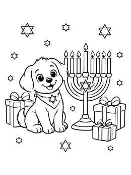 Free printable Cute Puppy Celebrating Hanukkah coloring page