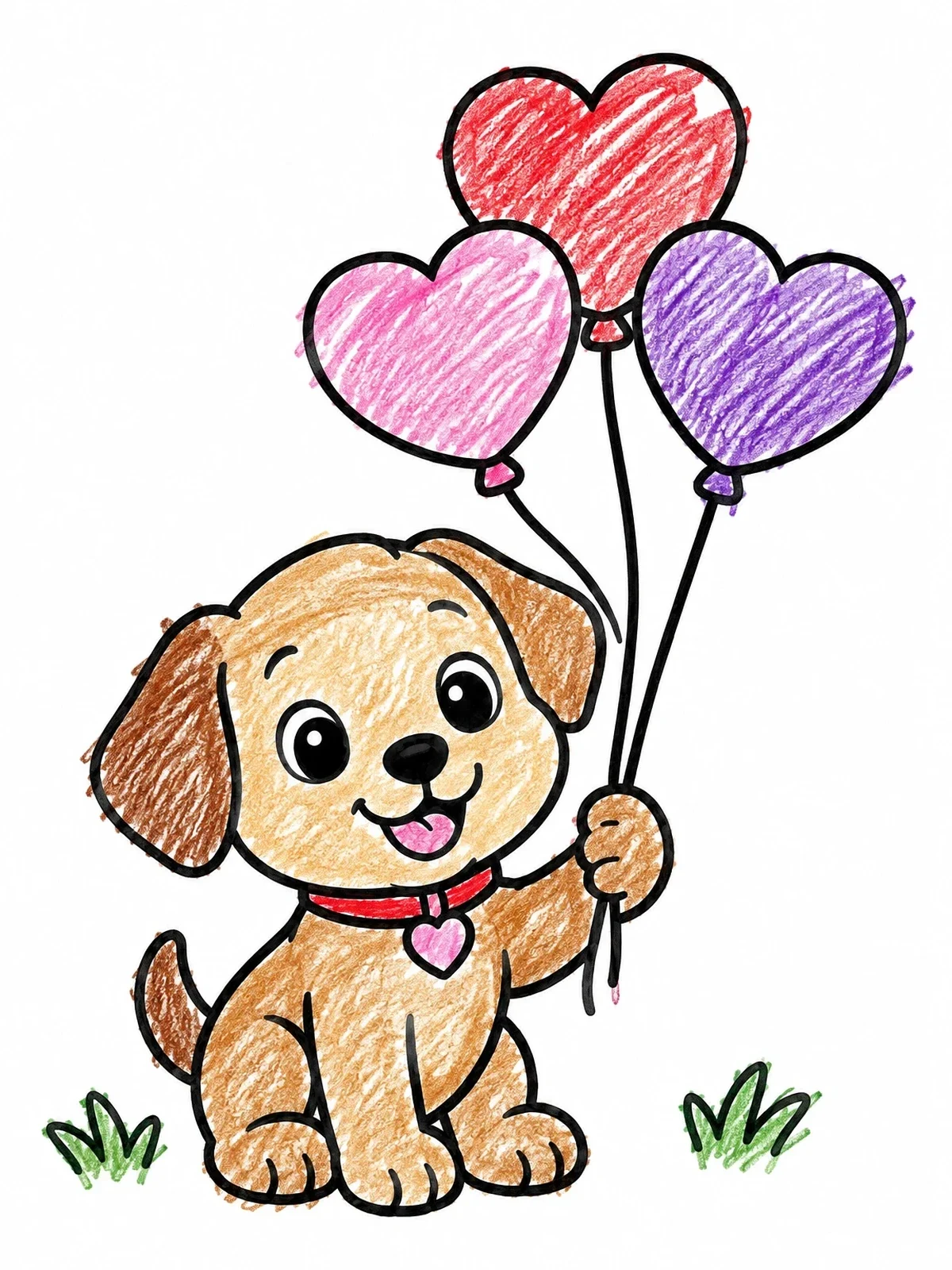 Colored example of the Cute Puppy With Heart Balloons coloring page
