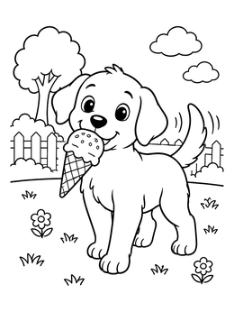A cheerful puppy holding an ice cream cone outdoors on this cute ice cream coloring page.