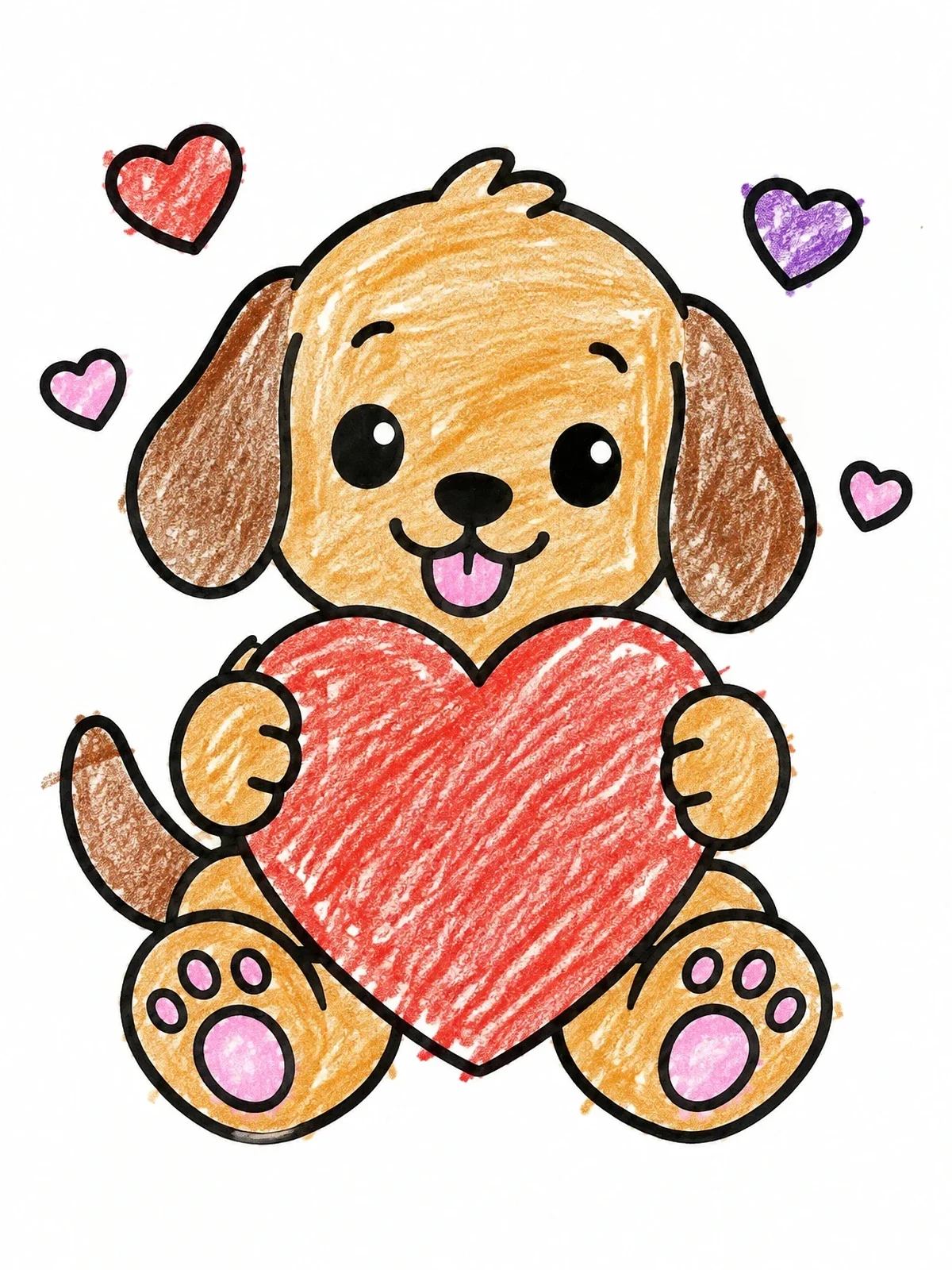 Colored example of the Cute Puppy Holding A Valentine Heart coloring page