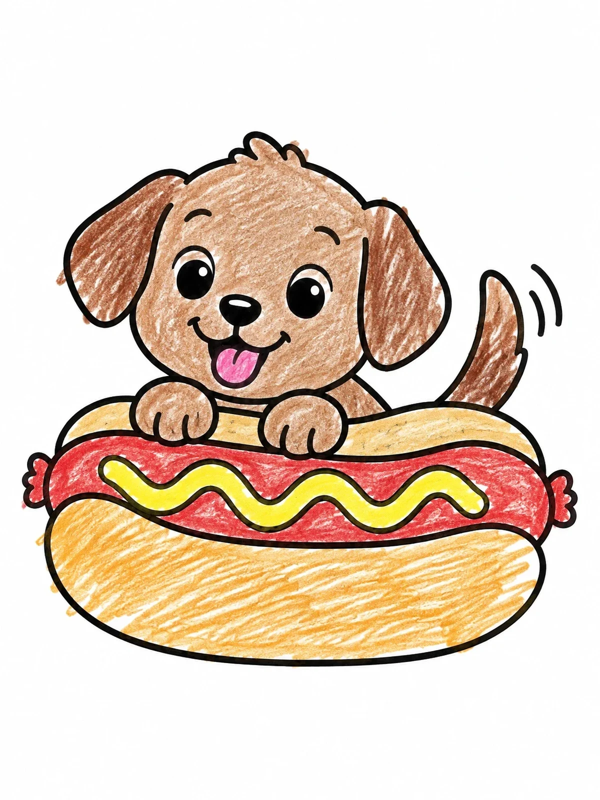 Colored example of the Cute Puppy In A Hot Dog coloring page