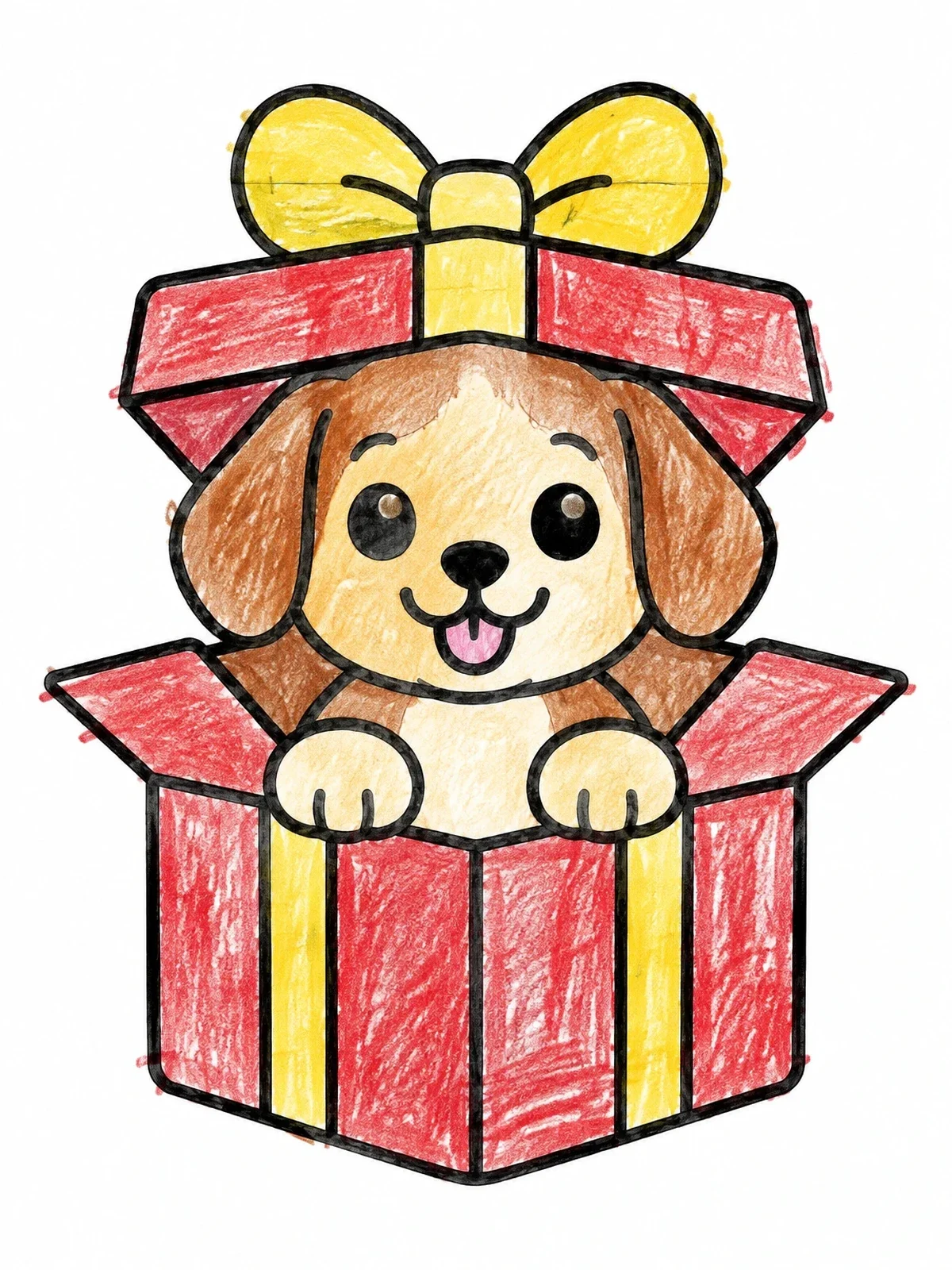Colored example of the Cute Puppy In A Gift Box coloring page