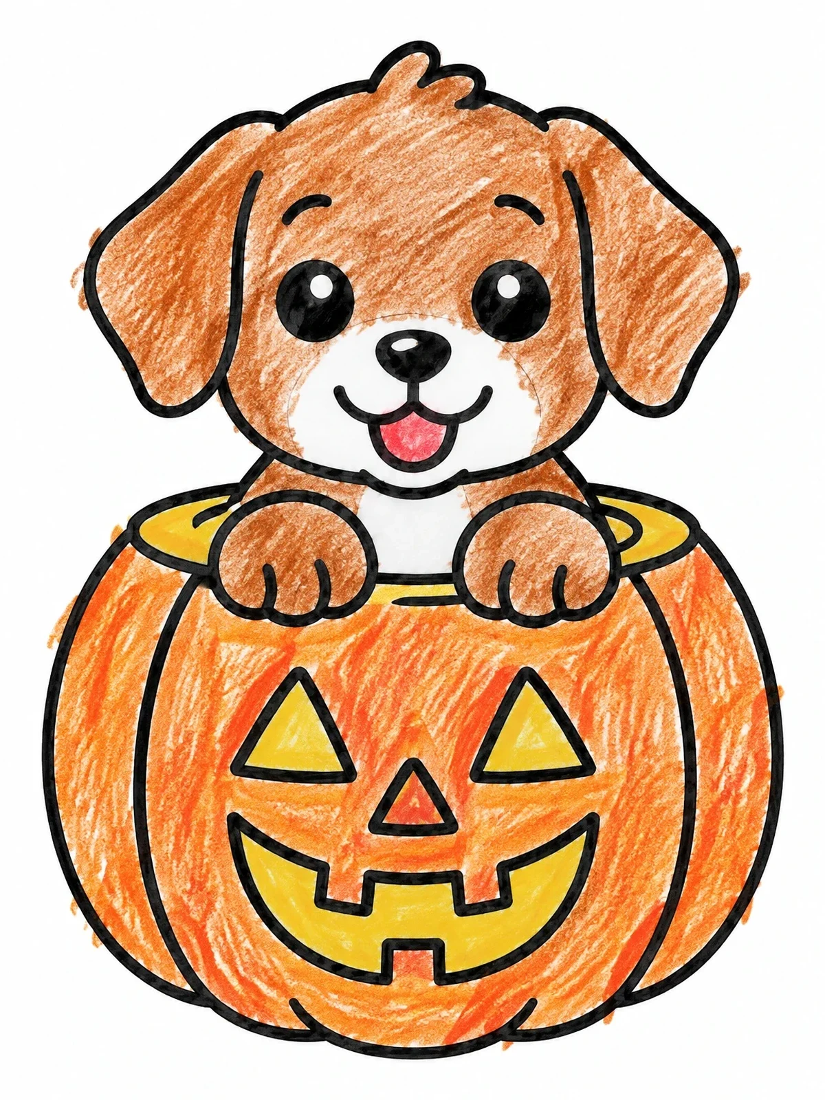 Colored example of the Cute Puppy Inside A Pumpkin coloring page