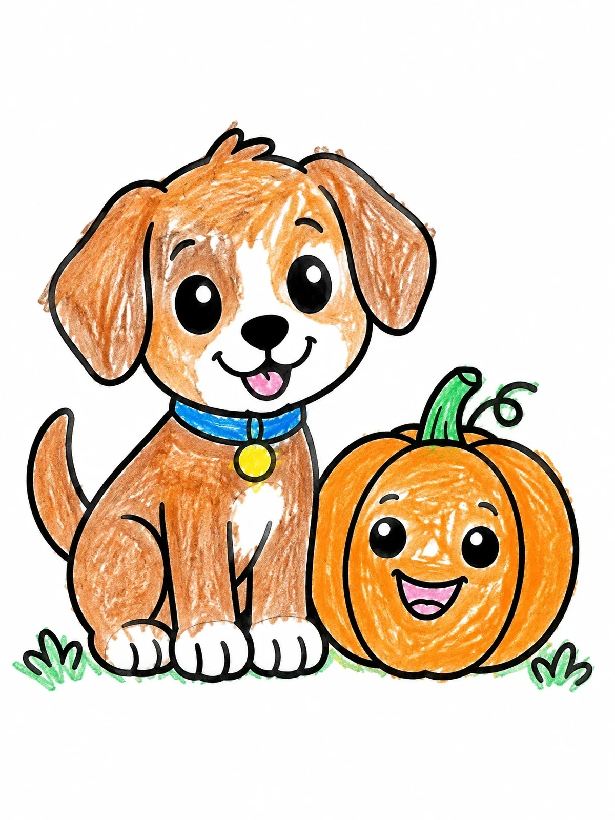 Colored example of the Cute Puppy With Smiling Pumpkin coloring page