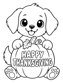 An adorable cartoon puppy holding a pumpkin in this thanksgiving dog coloring page.