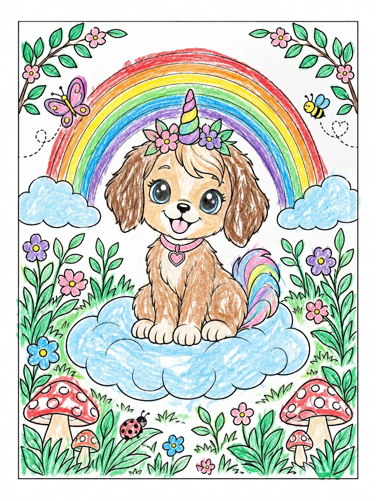 Colored example of the Cute Puppy Unicorn On A Cloud coloring page