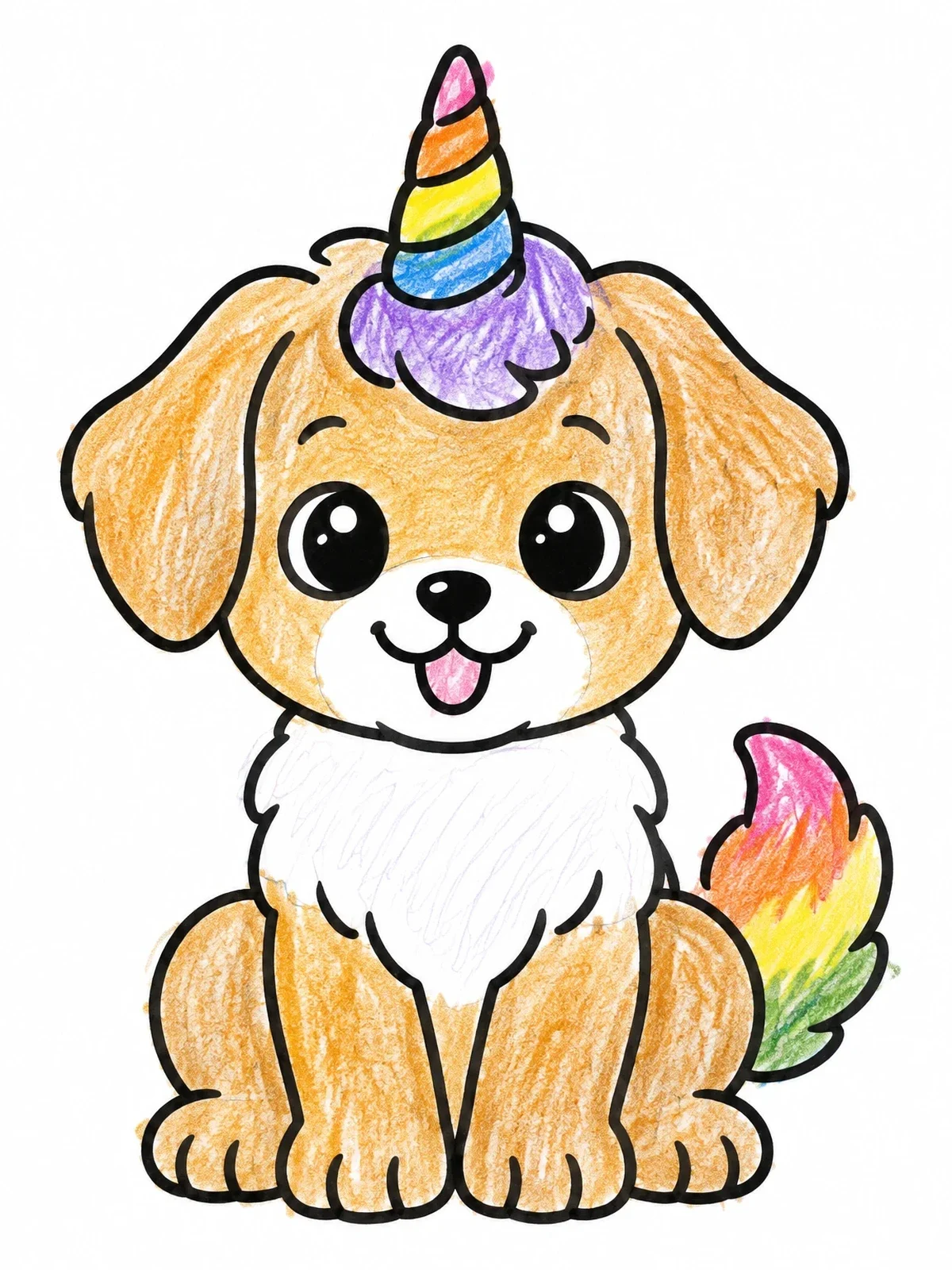 Colored example of the Cute Puppy Unicorn Sitting Proudly coloring page