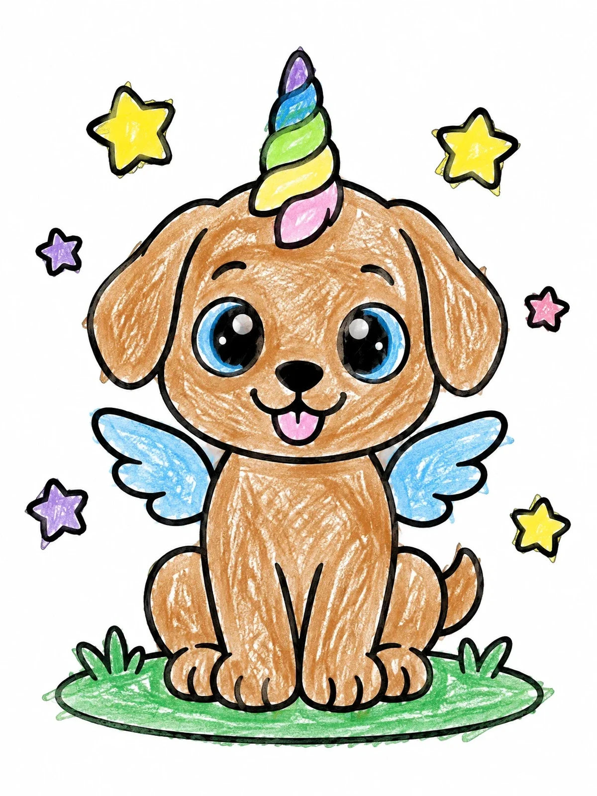 Colored example of the Cute Puppy Unicorn With Wings coloring page