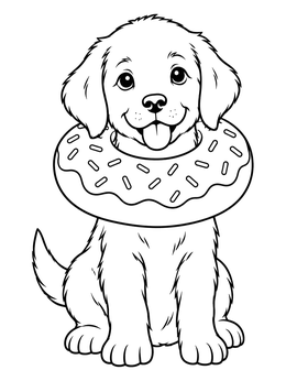 A cute puppy sitting with a frosted treat in this sweet donut coloring page.