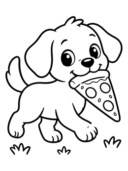 A cheerful puppy holding a slice of pepperoni pizza in this fun pizza coloring page.