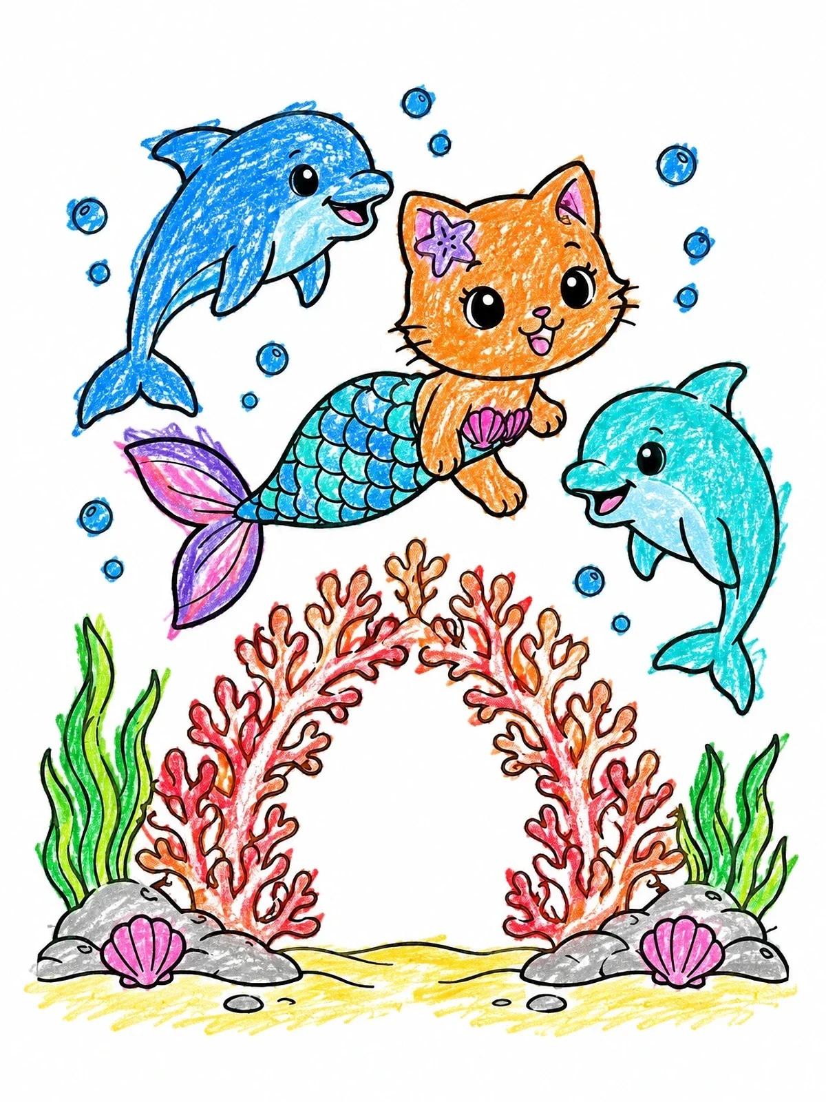 Colored example of the Cute Purrmaid Swimming With Dolphins coloring page