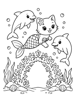 Free printable Cute Purrmaid Swimming With Dolphins coloring page
