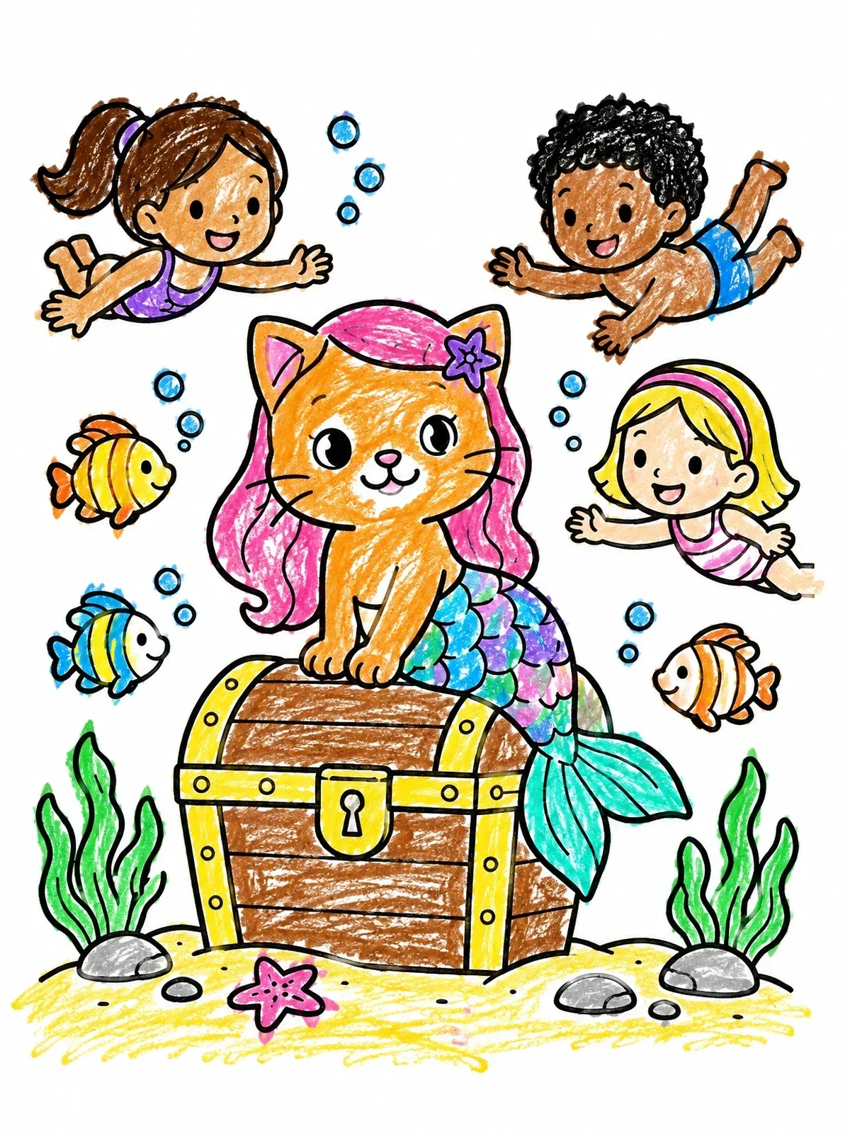 Colored example of the Cute Purrmaid On Treasure Chest coloring page