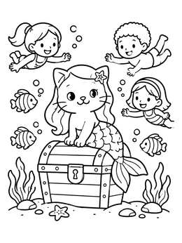 Free printable Cute Purrmaid On Treasure Chest coloring page