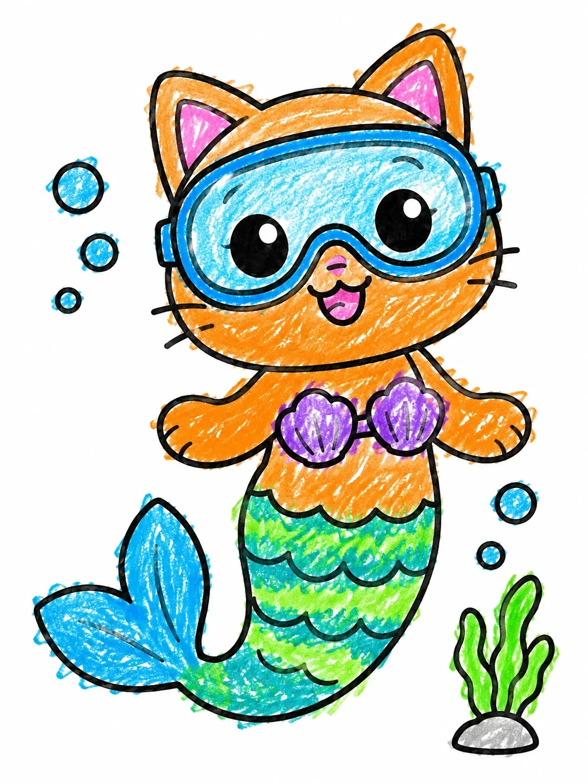 Colored example of the Cute Purrmaid With Diving Mask coloring page
