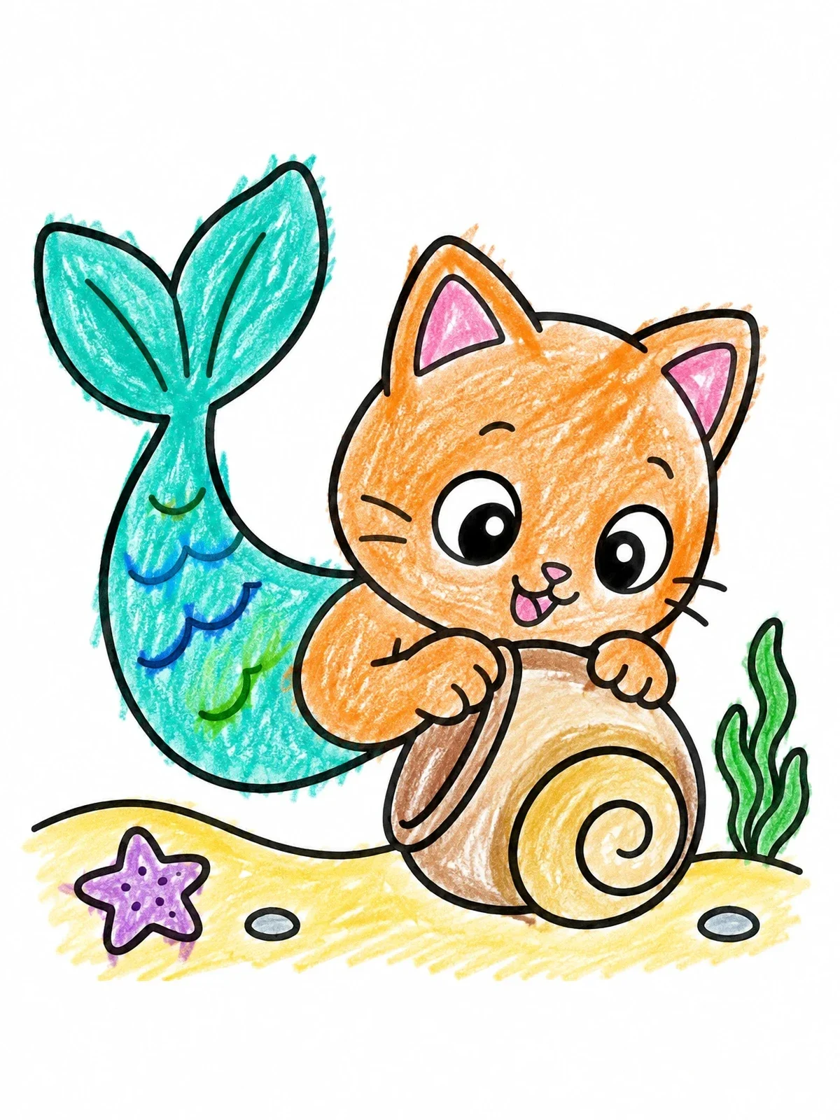 Colored example of the Cute Purrmaid With Sea Shell coloring page