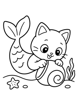 Free printable Cute Purrmaid With Sea Shell coloring page