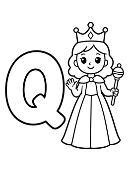 A smiling royal queen stands beside a capital letter Q coloring page.