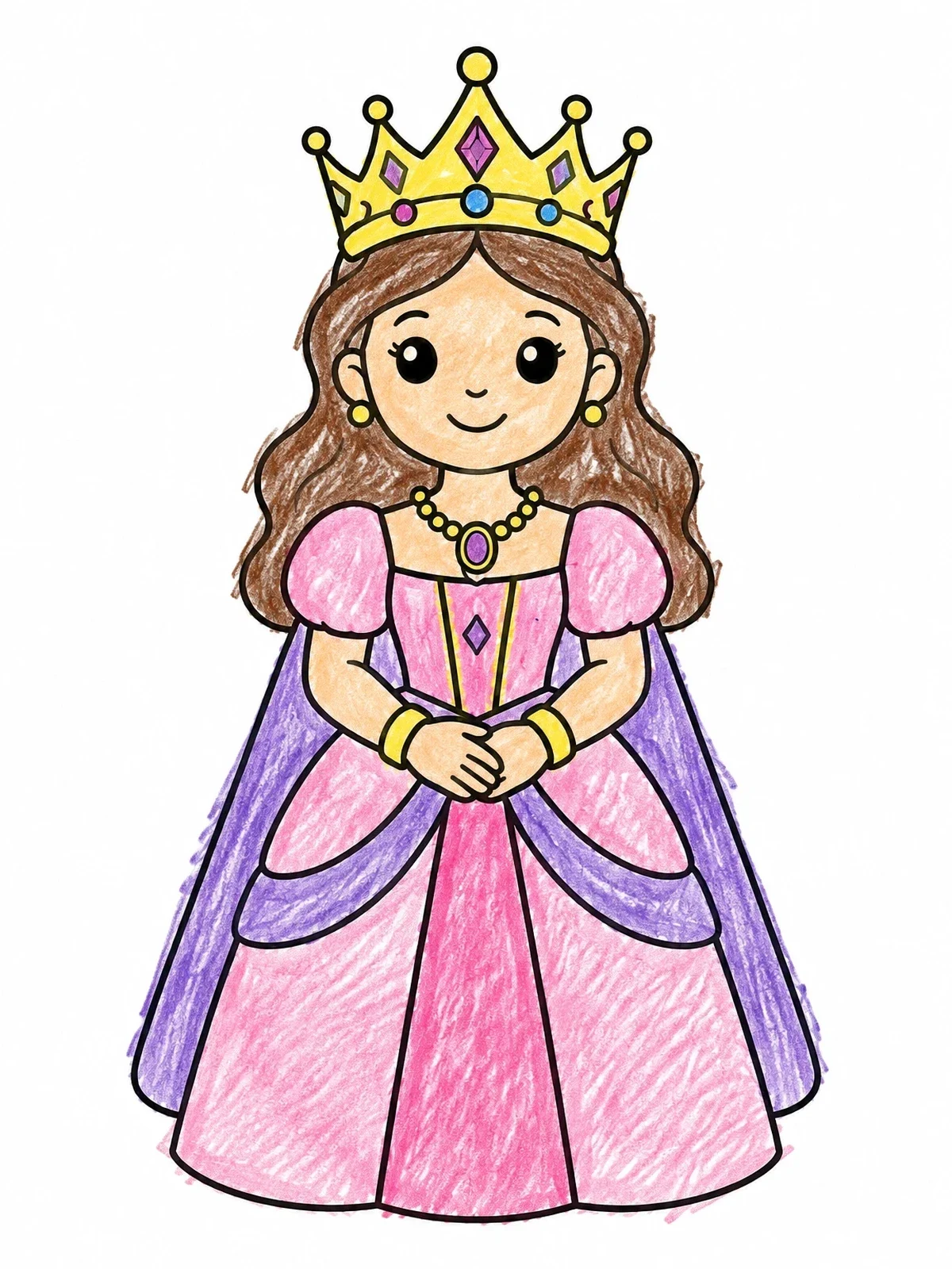 Colored example of the Cute Queen With Tiara And Gown coloring page