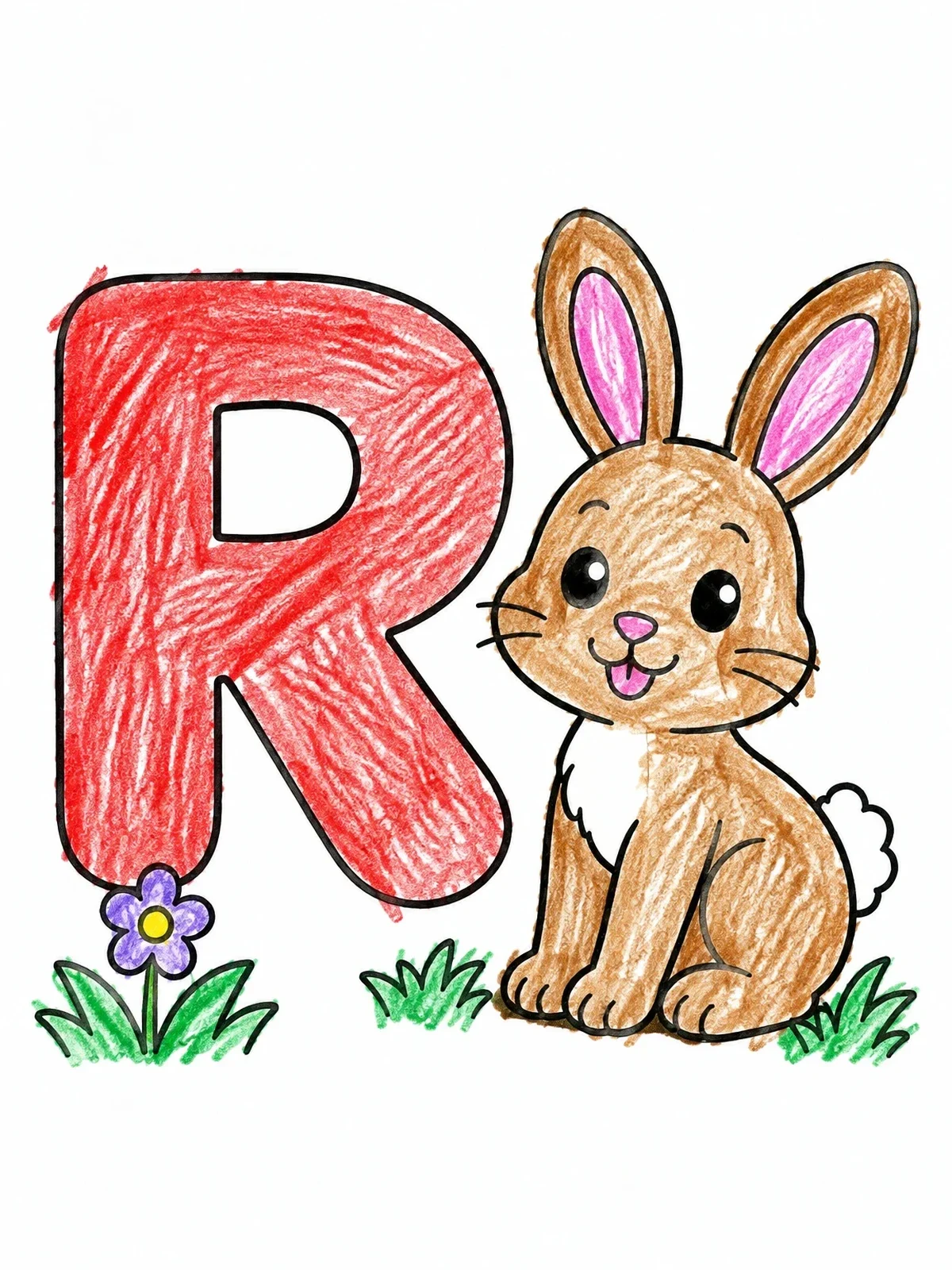 Colored example of the Cute Rabbit Beside Letter R coloring page