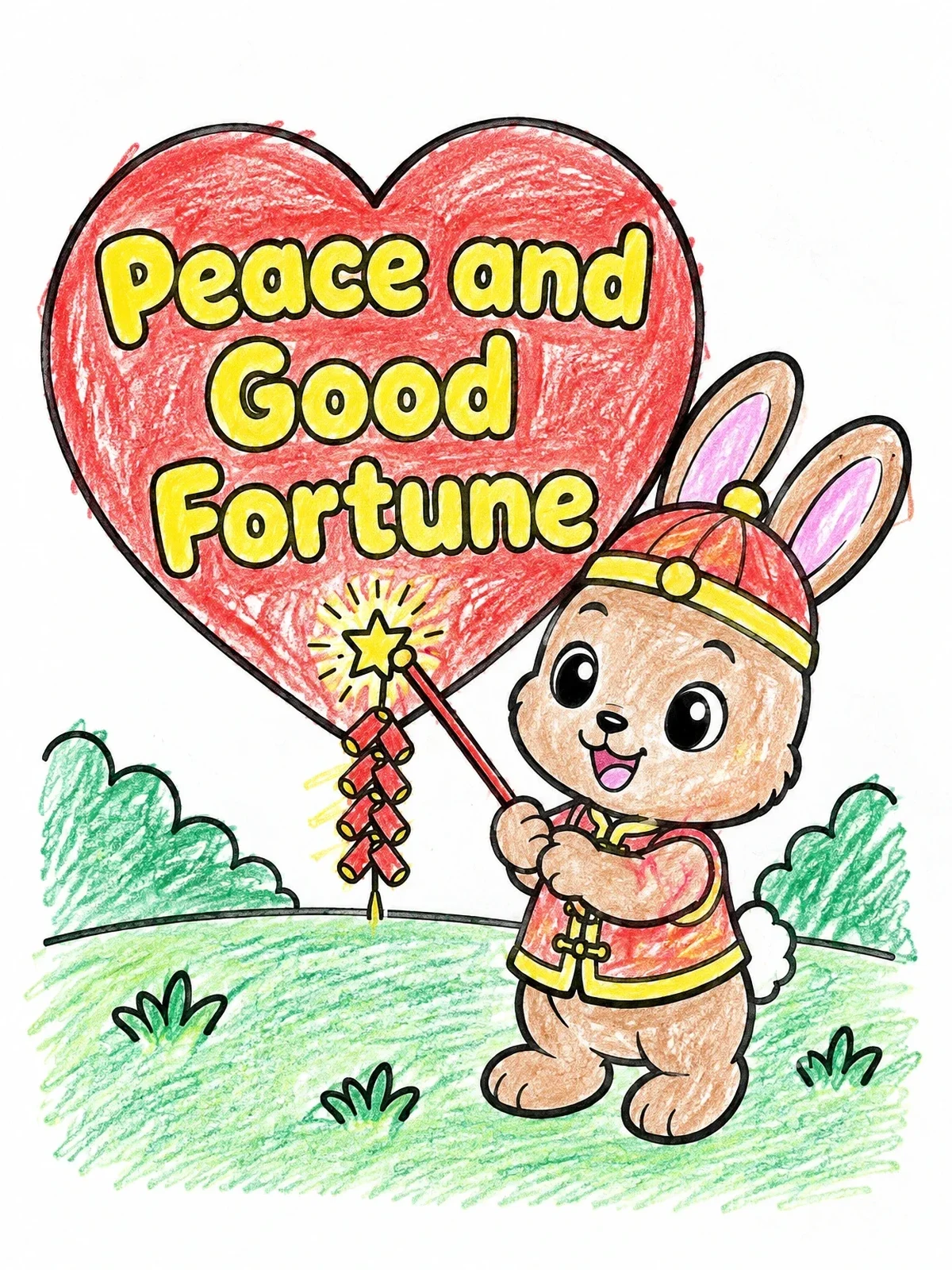 Colored example of the Cute Rabbit With New Year Firecracker coloring page