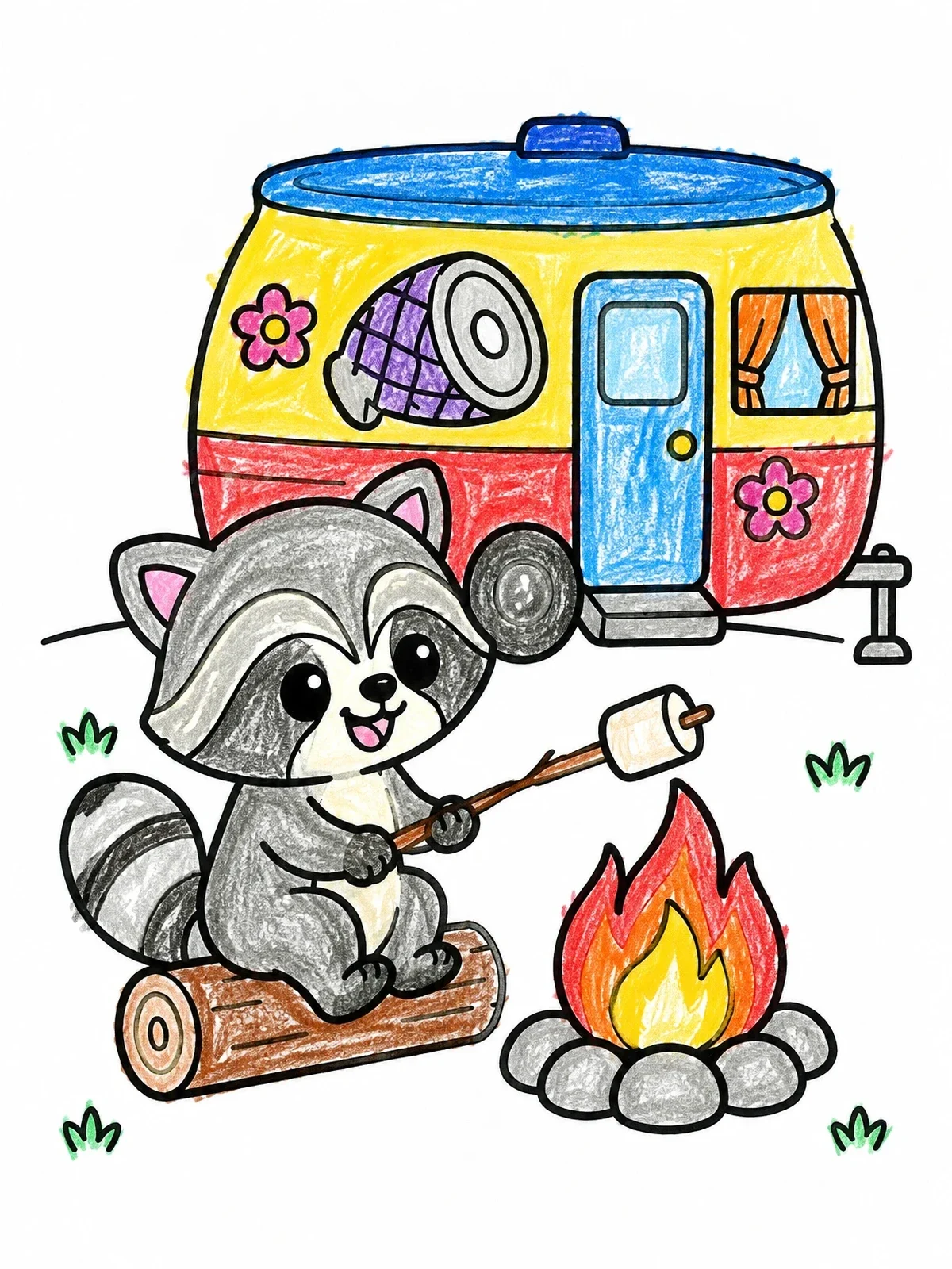 Colored example of the Raccoon Roasting Marshmallow By Camper coloring page