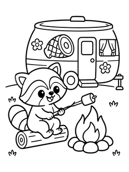 Free printable Raccoon Roasting Marshmallow By Camper coloring page